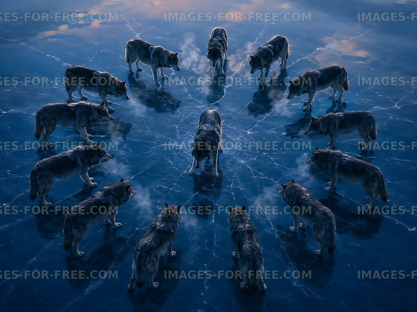 Wolves gathering in a circle on frozen lake