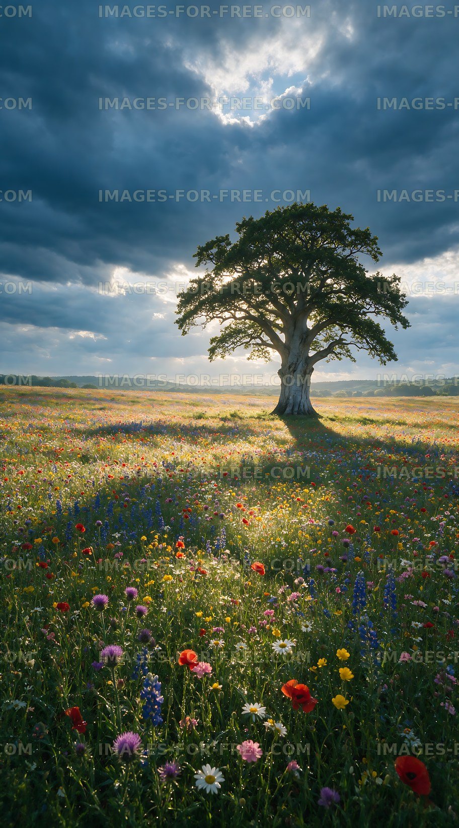 Sunlight shines on a tree surrounded by colorful flowers