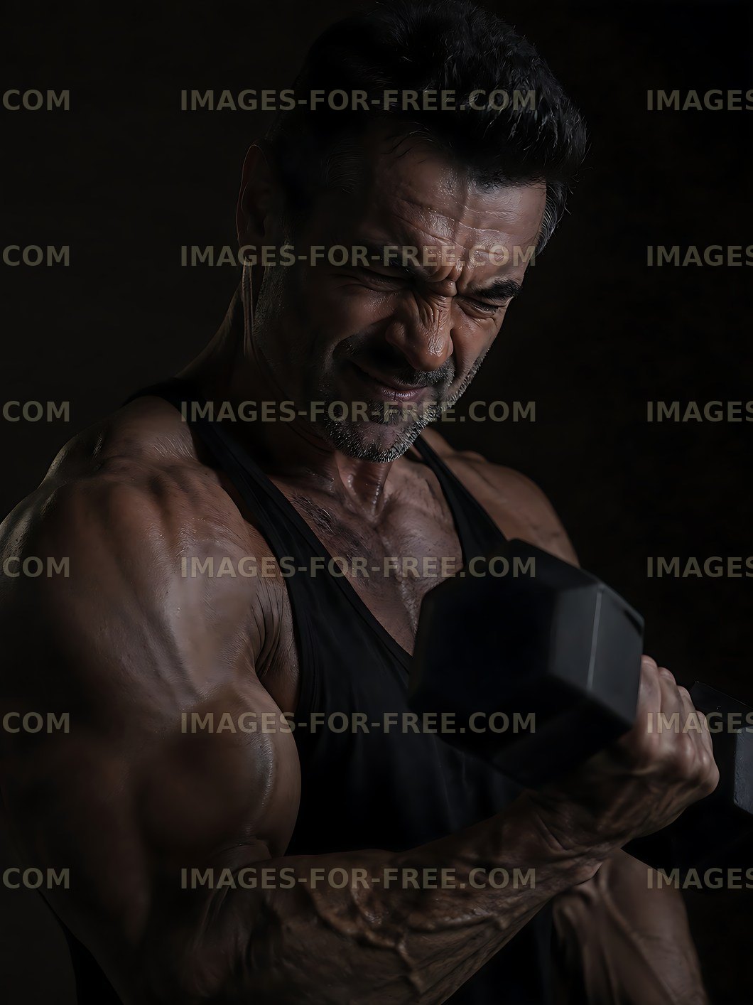 Muscular man lifting dumbbell in workout session