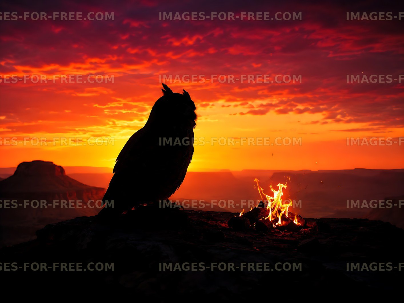 Owl silhouette against sunset with fire in background