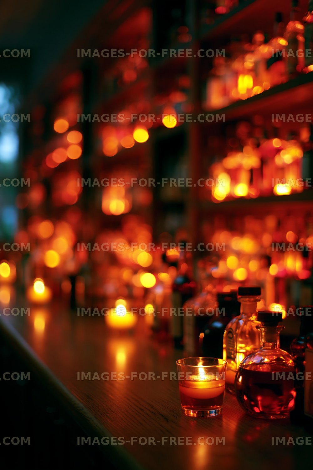 Warm glow from candlelit bar shelves