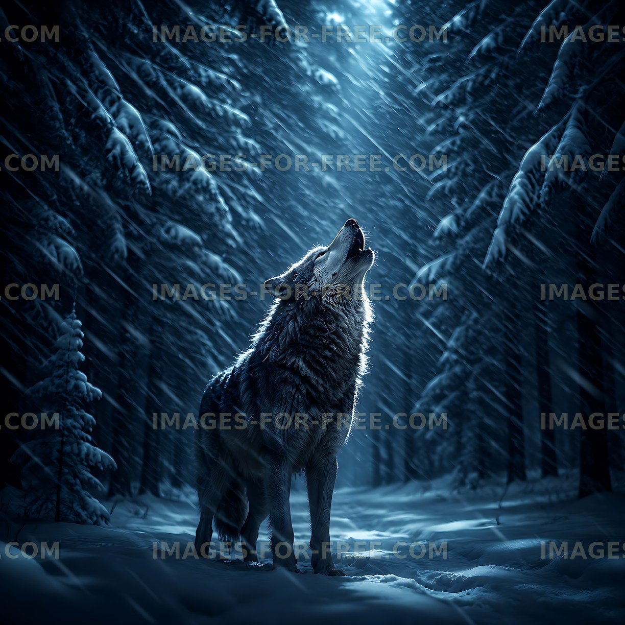 Wolf howling in snowy forest under moonlight