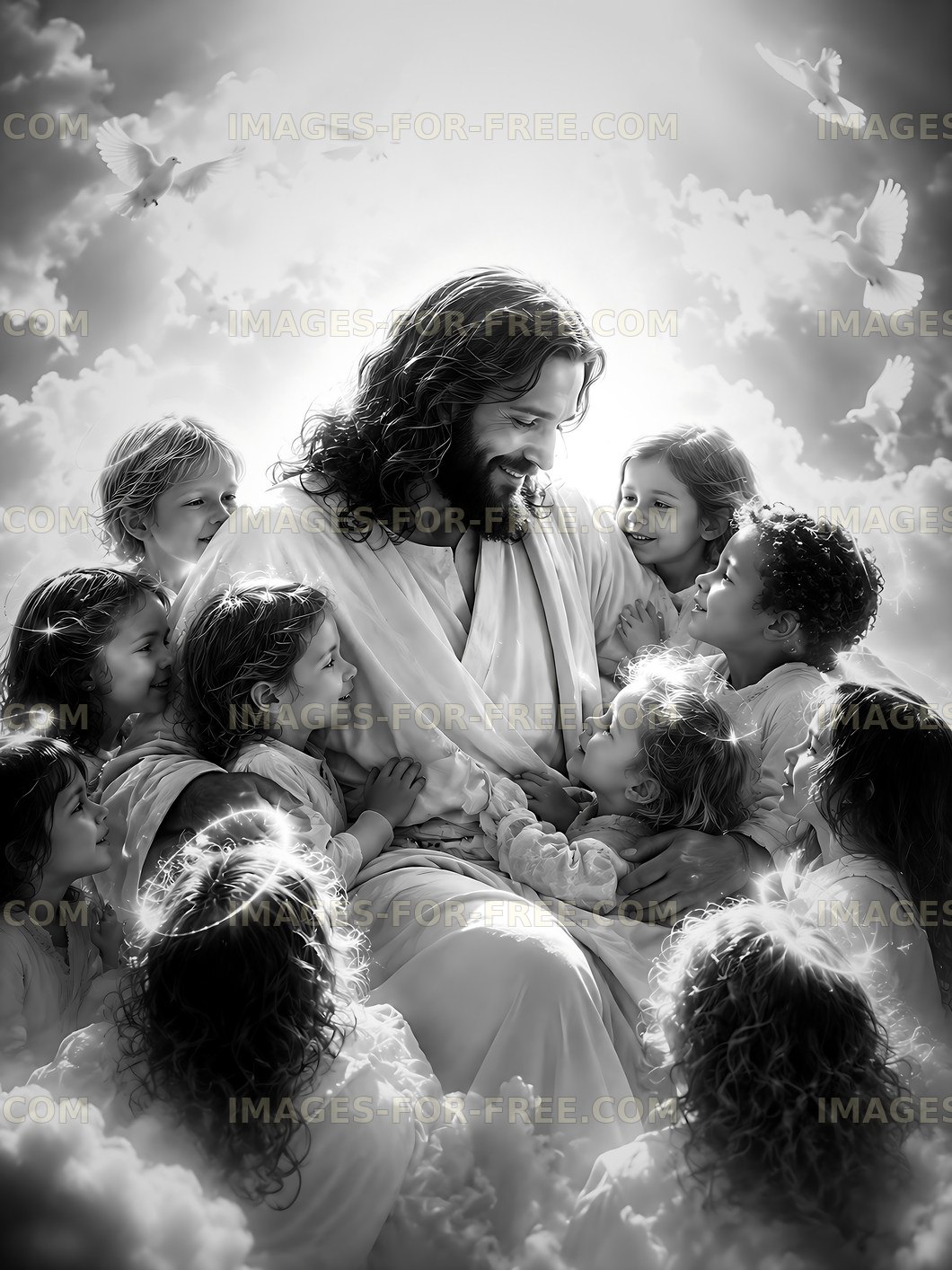 Children gather around figure in a bright atmosphere