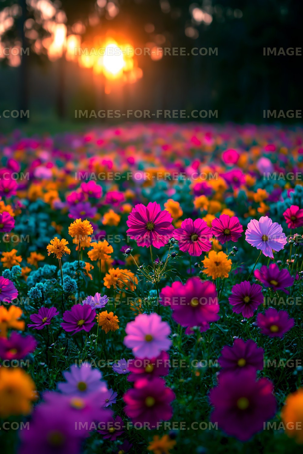 Colorful flowers bloom at sunset in a vibrant field