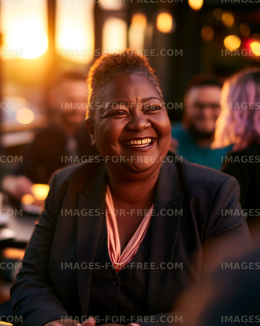 Woman smiling in a sunset-lit cafe setting