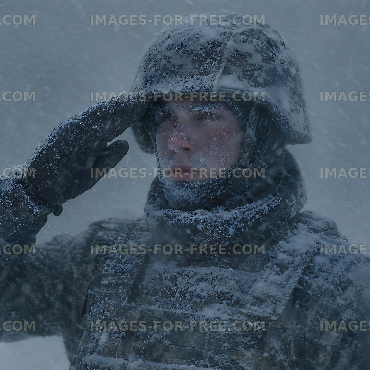 Soldier saluting in a snowstorm during winter