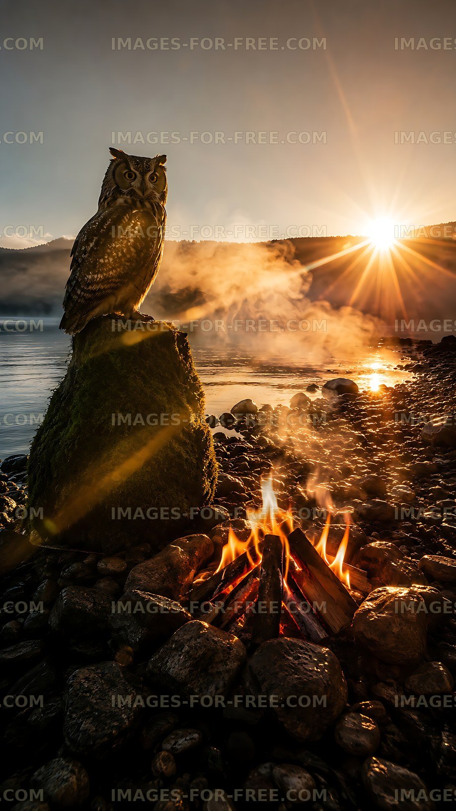 Owl perched on rock near campfire at sunset over water