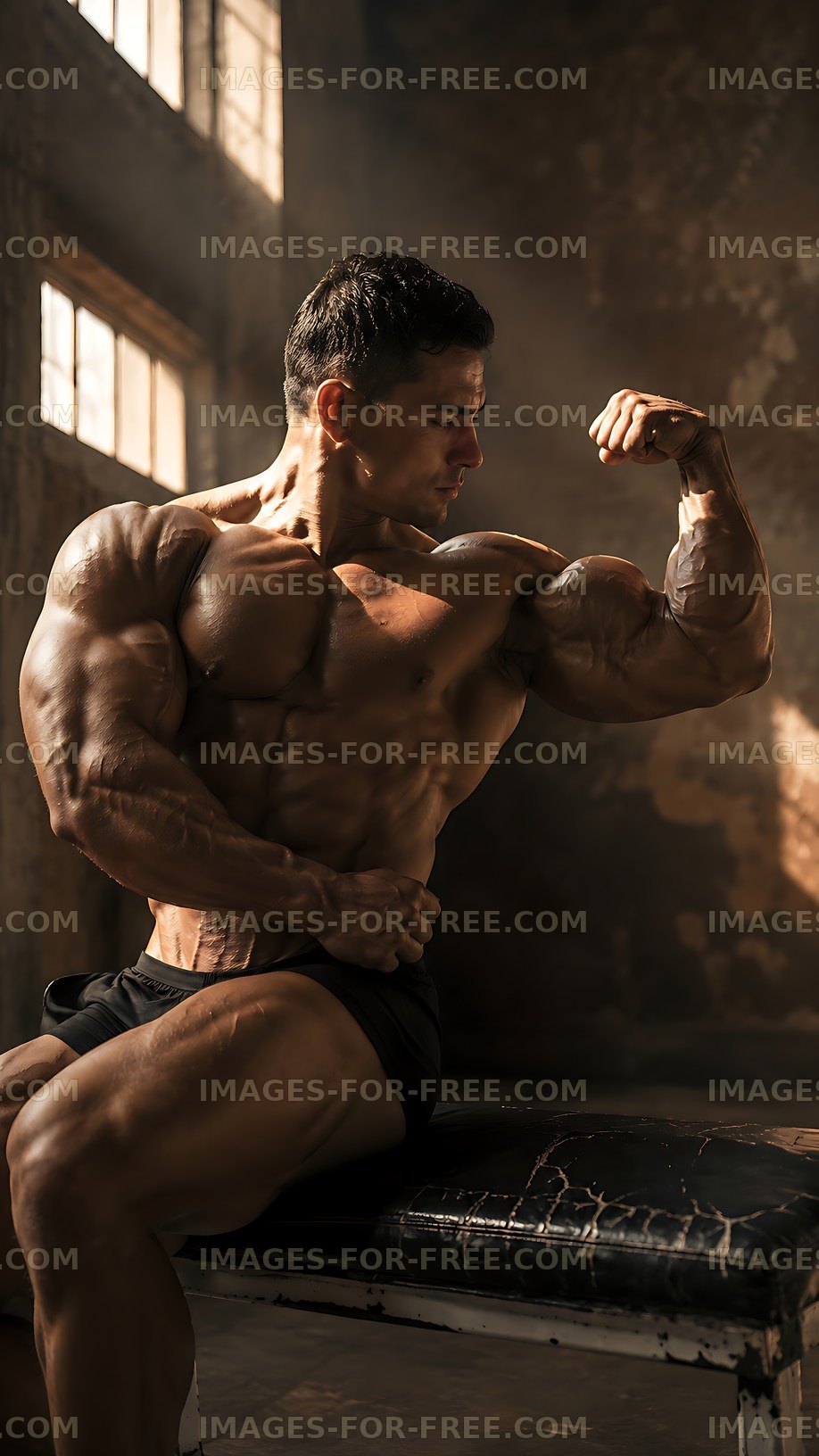 Muscular man flexing in a dimly lit indoor space