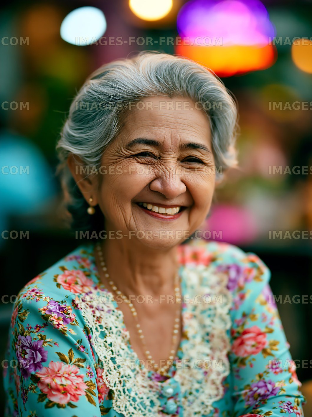 Smiling elderly woman wearing floral clothing at a gathering