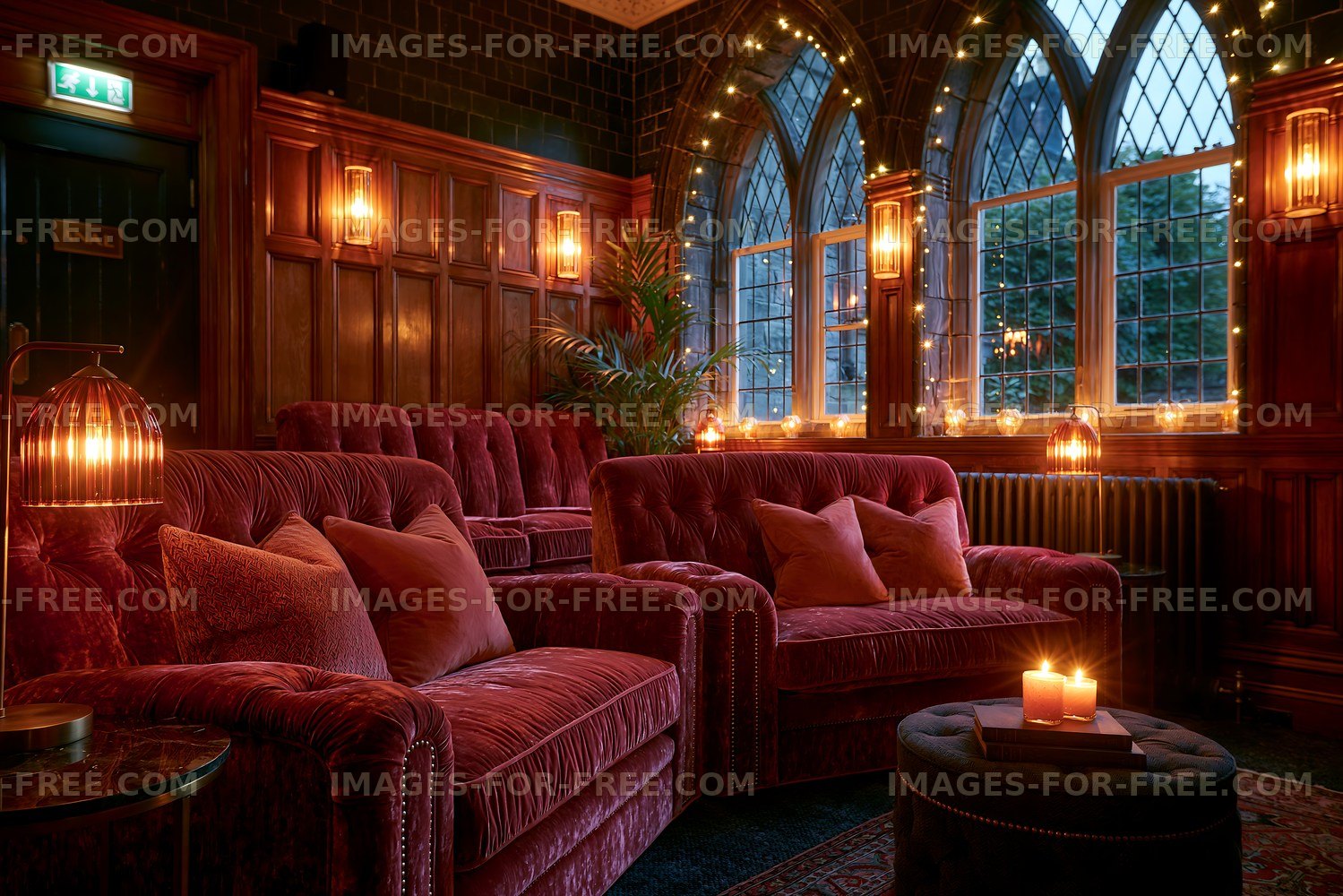 Cozy seating area with warm lighting and large windows