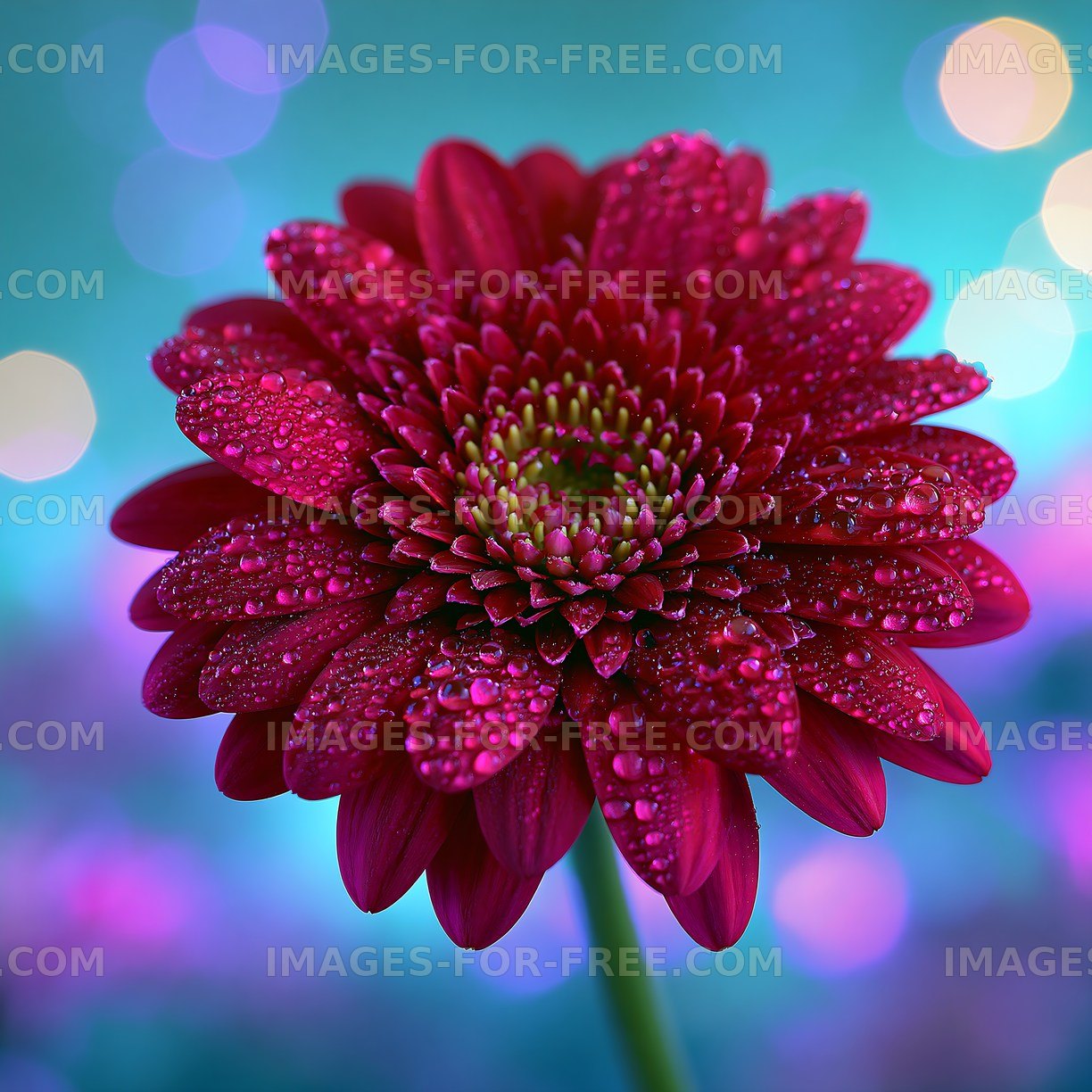 Pink flower with water droplets against a colorful background