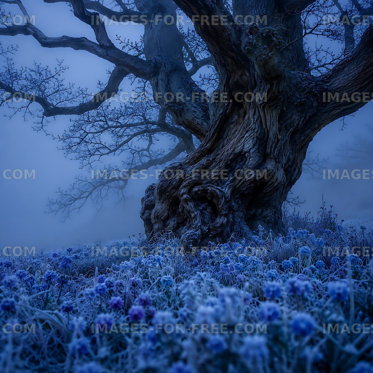 Frost-covered ground with a gnarled tree in a foggy landscape