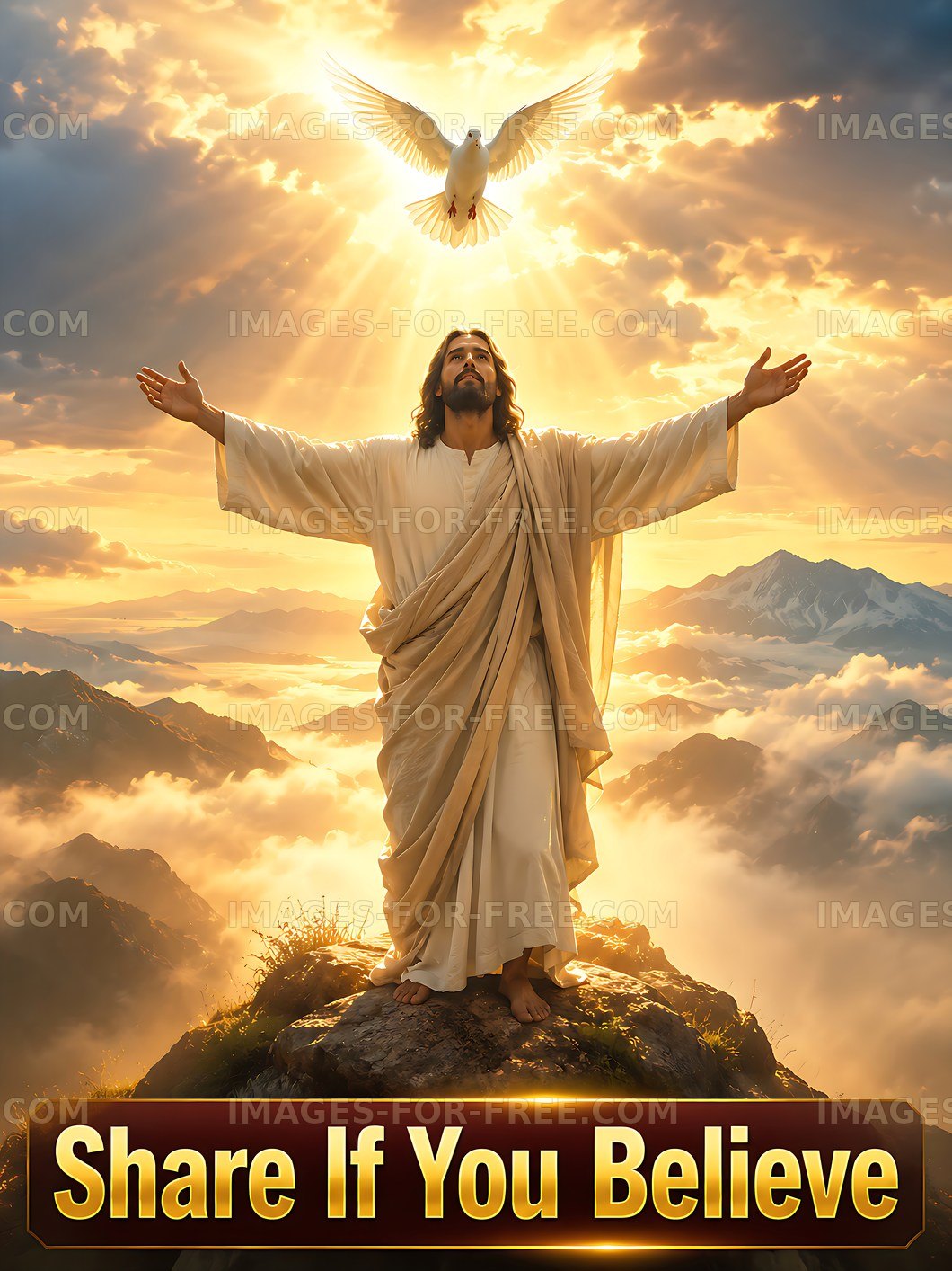 Jesus standing on a mountain with a dove in the sky
