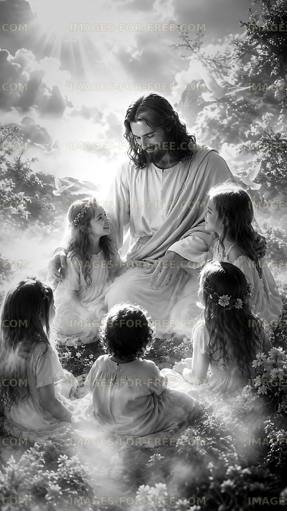Jesus surrounded by children in a serene outdoor setting