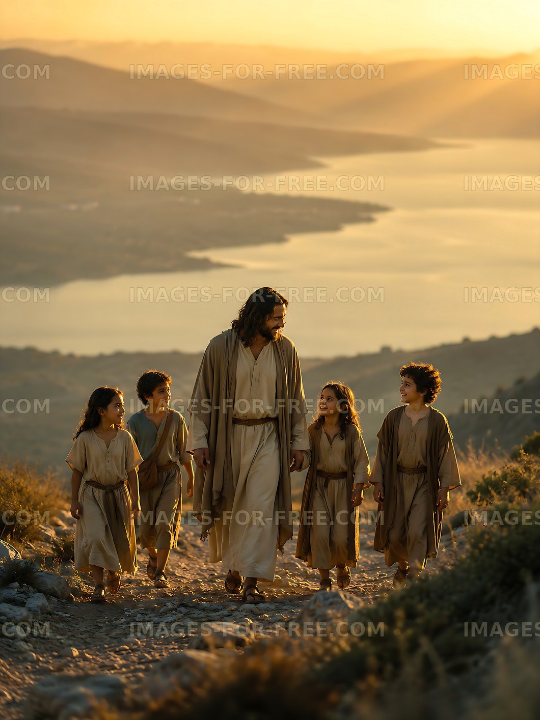Walking down a path with children at sunset
