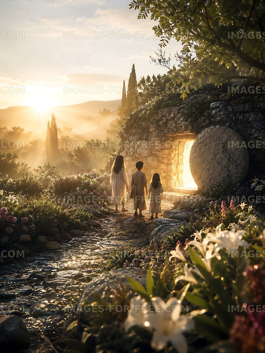 Children walking towards a glowing door in a garden at sunset