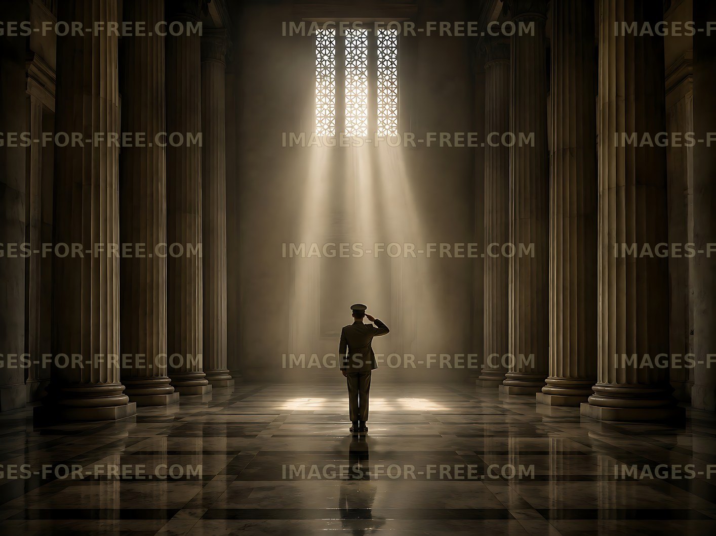 Man saluting in historic building with pillars and sunlight