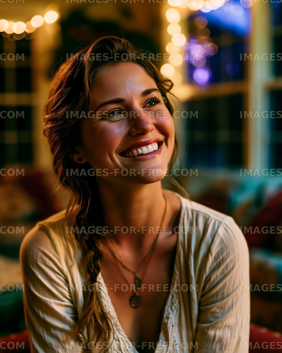 Smiling young woman with warm lighting in cozy indoor setting