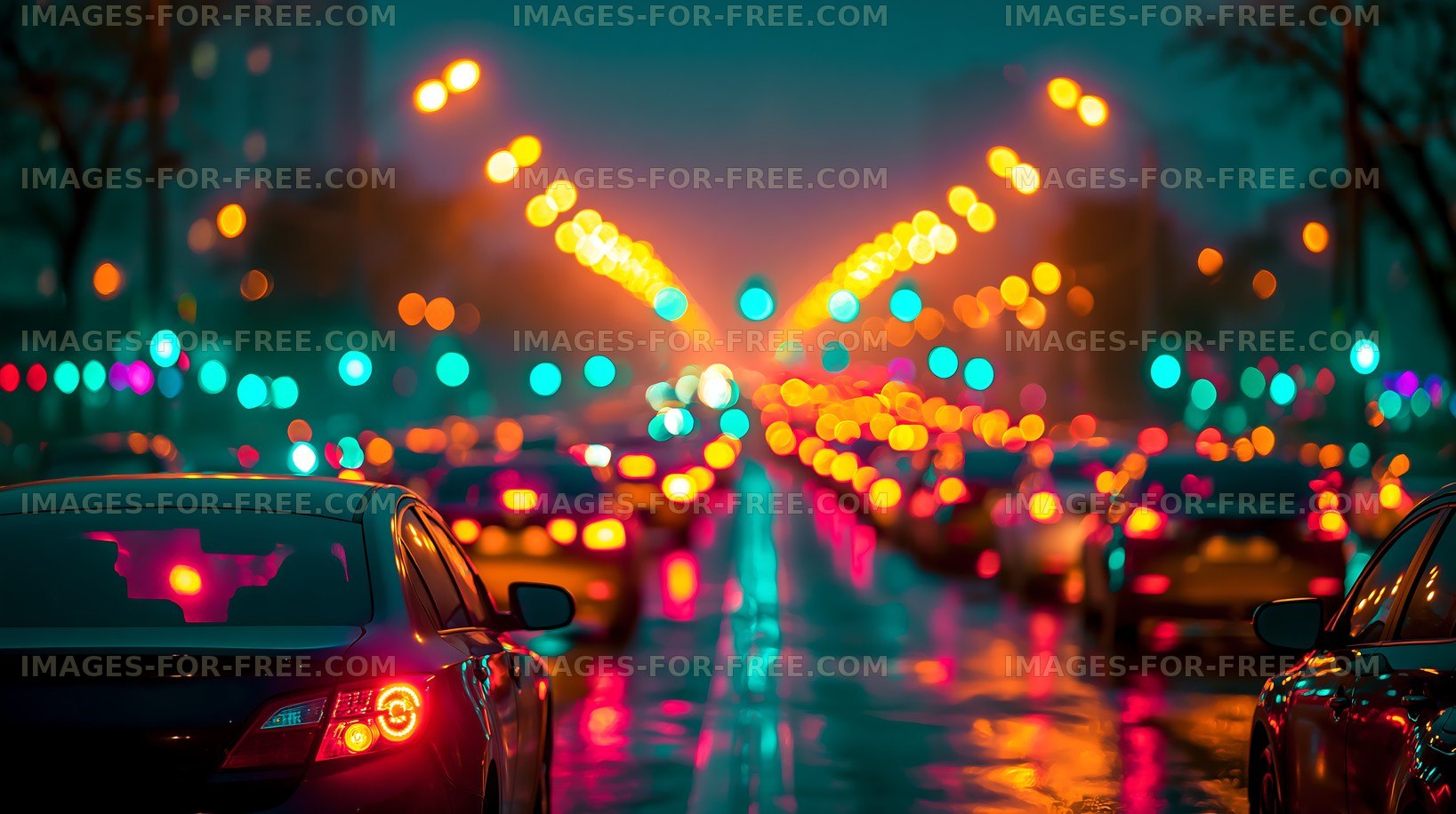 Traffic at night with illuminated street lights