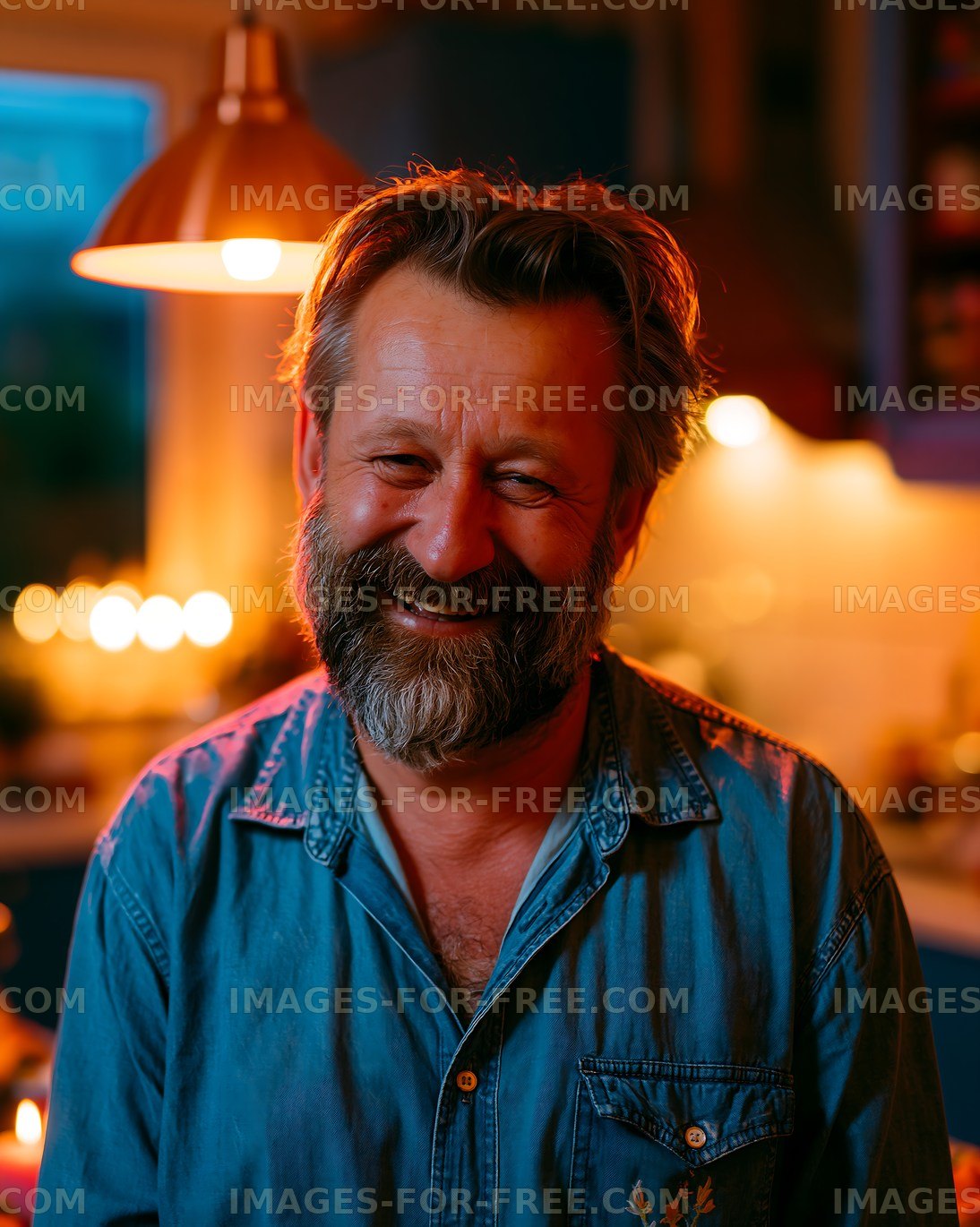Smiling man in blue shirt in cozy kitchen during evening