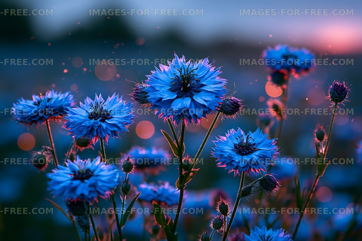 Vivid blue flowers blooming in a field during sunset