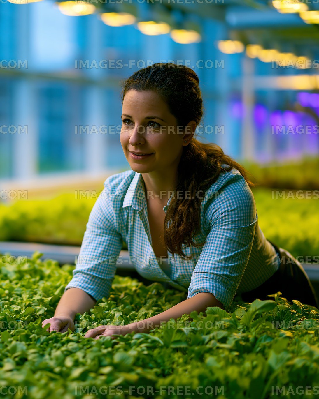 Woman working in a greenhouse tending to vibrant green plants