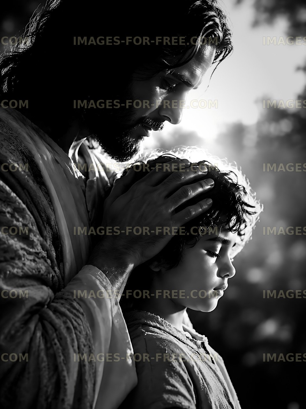 Man blessing a child in a soft light setting