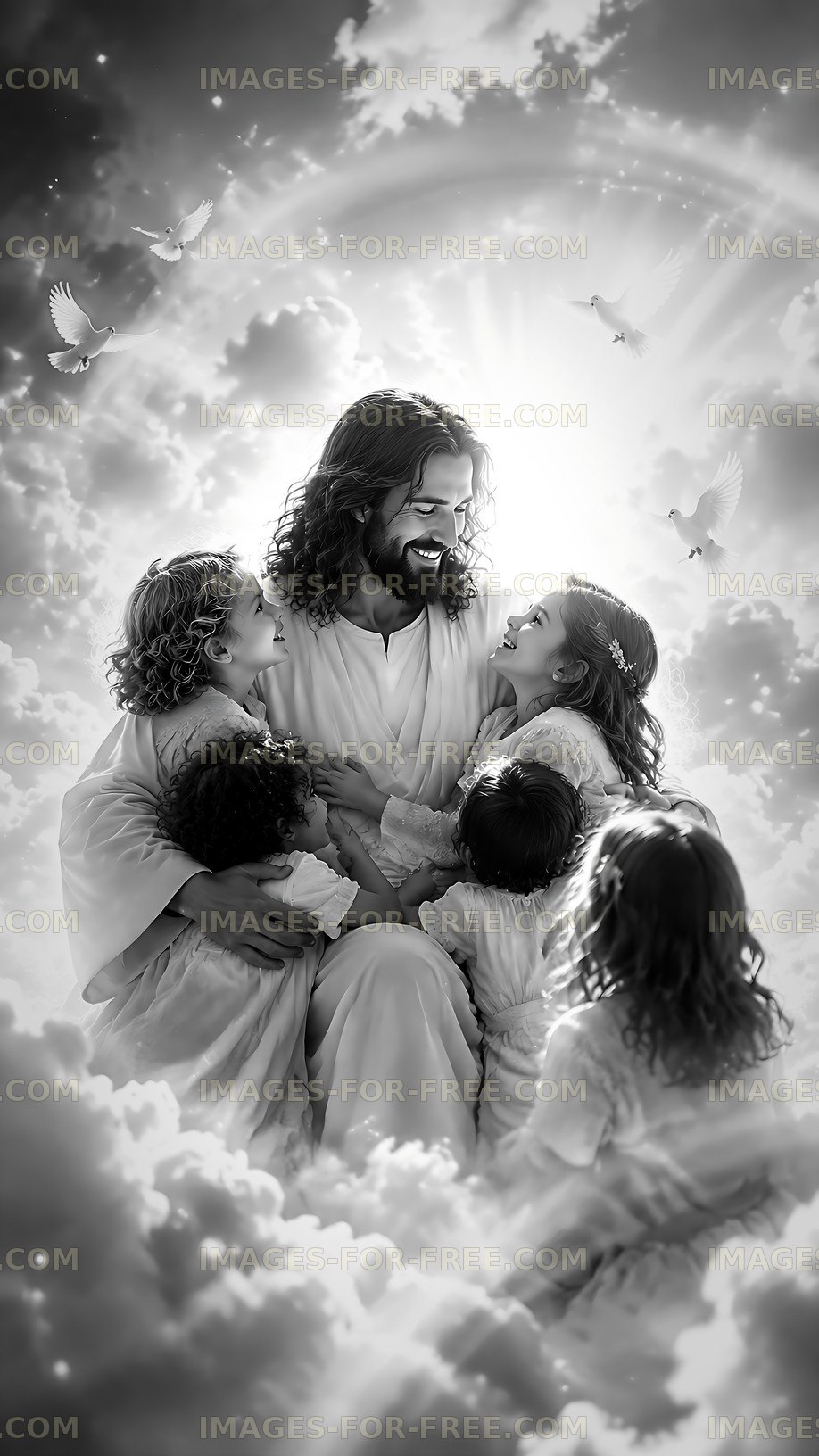 Jesus surrounded by children in a heavenly scene