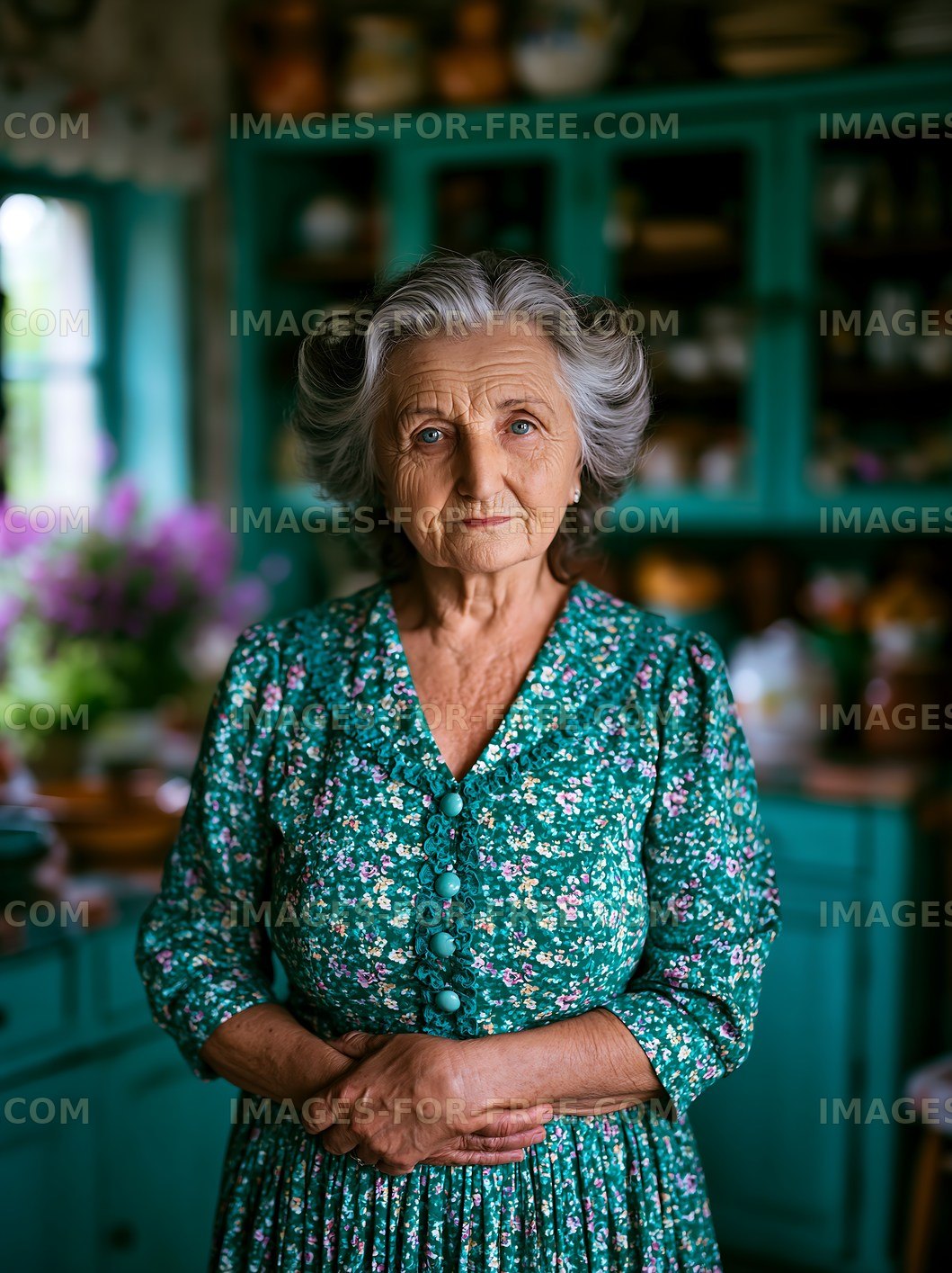 Elderly woman standing in a kitchen with green cabinets
