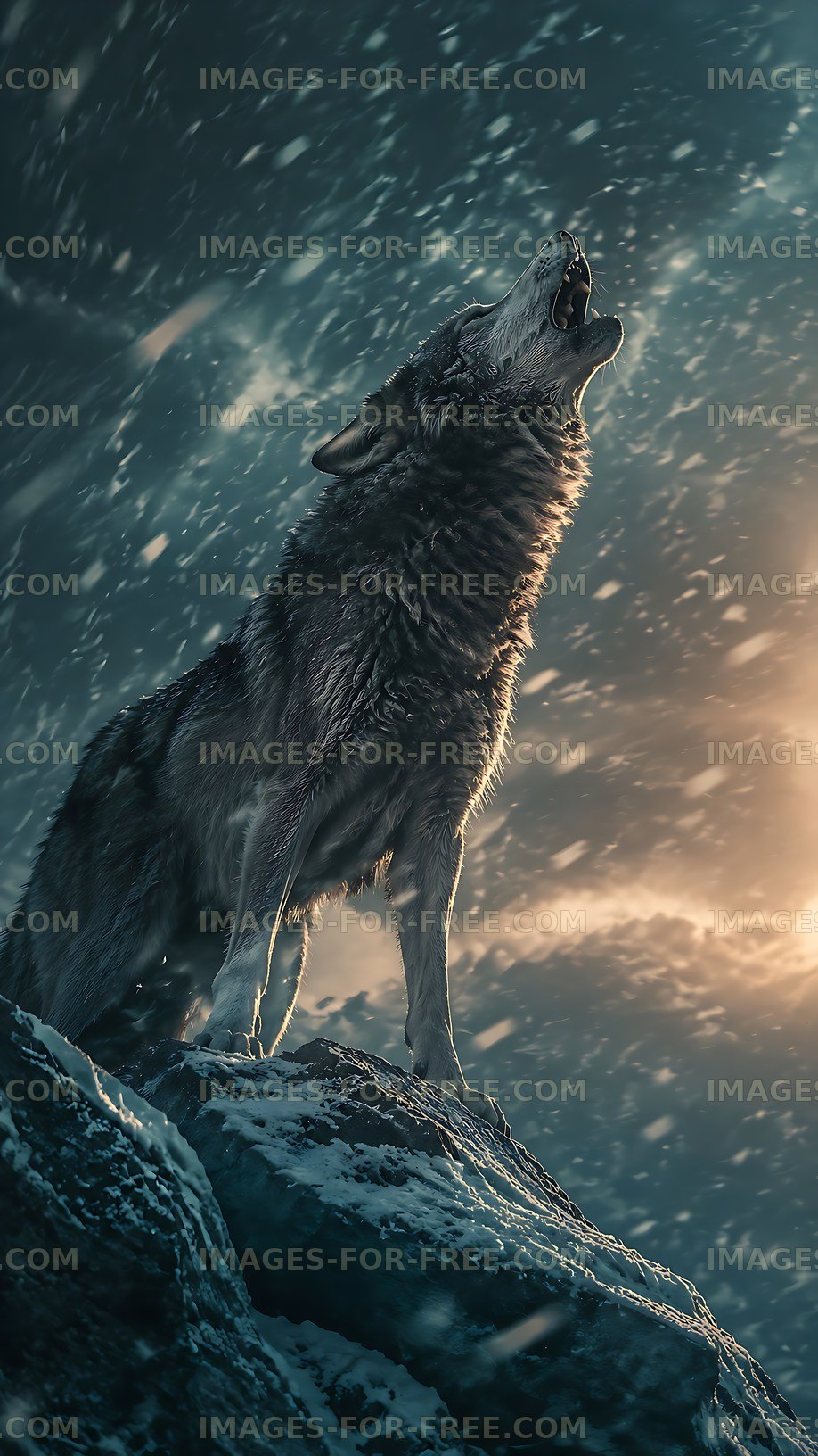 Wolf howling on a rocky surface during a snowstorm