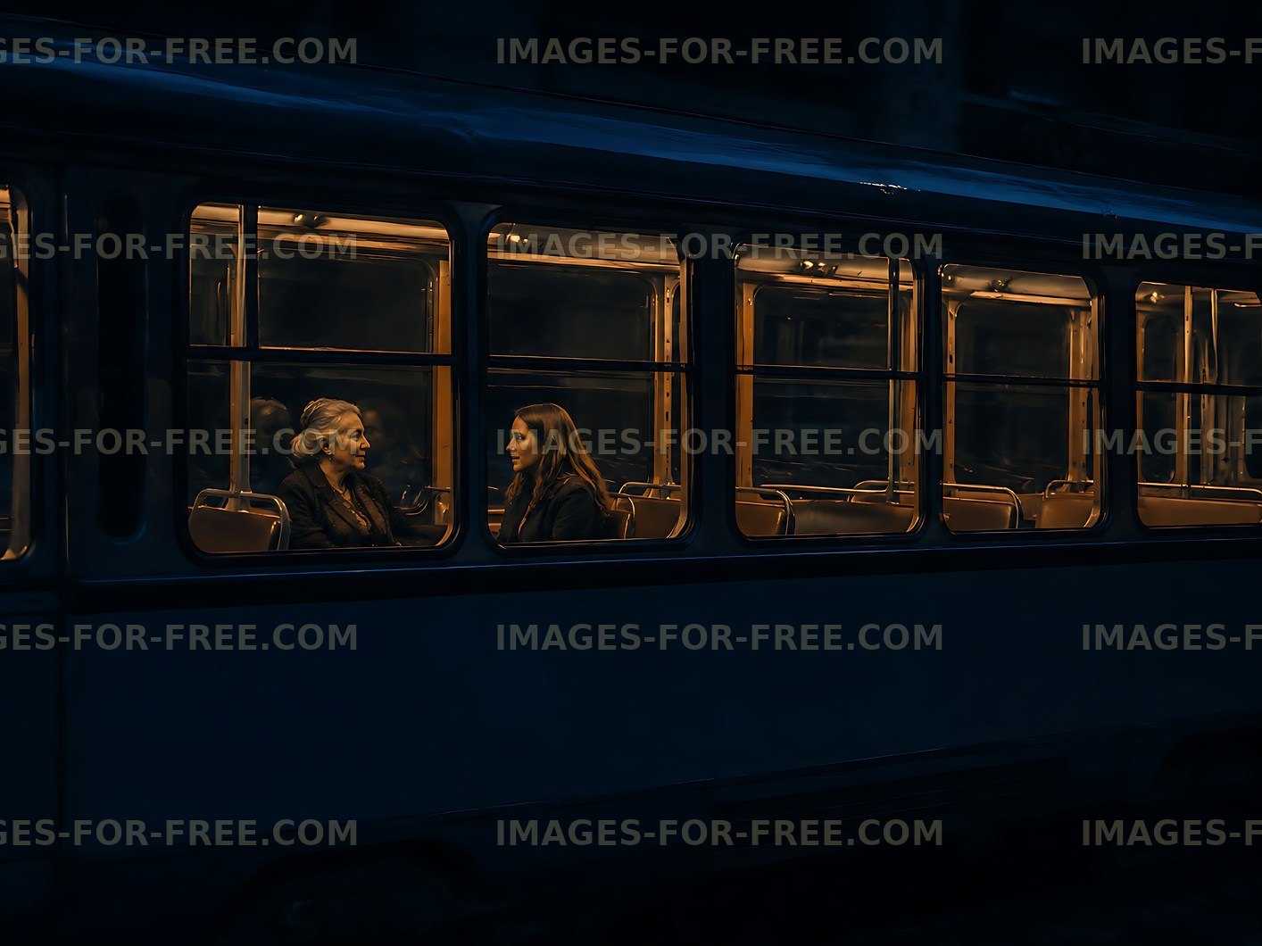 Two women talking in a tram at night