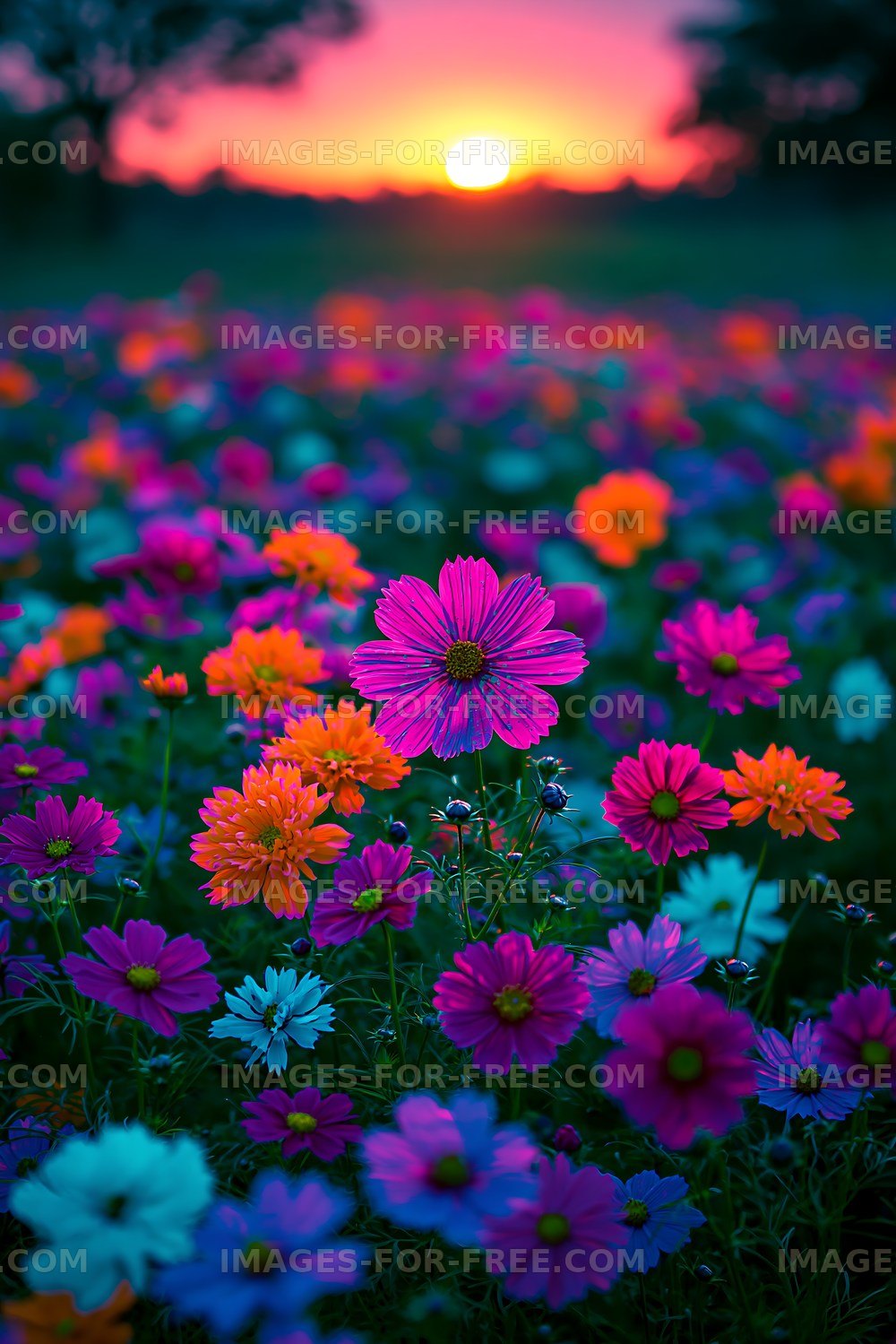Flowers bloom at sunset with a colorful display in the meadow