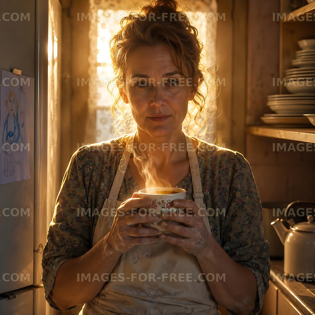 Woman holding steaming cup in rustic kitchen