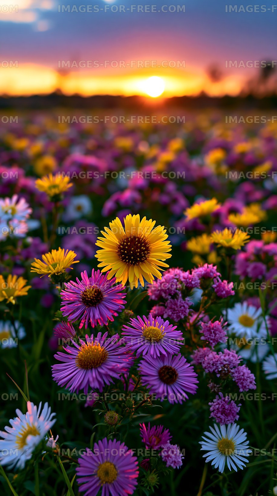 Colorful wildflowers in a field during sunset