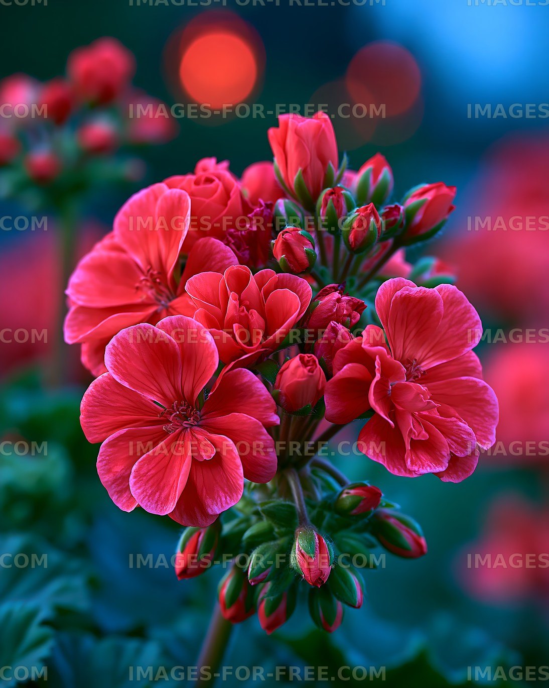 Bright red geranium flowers blooming in garden at dusk