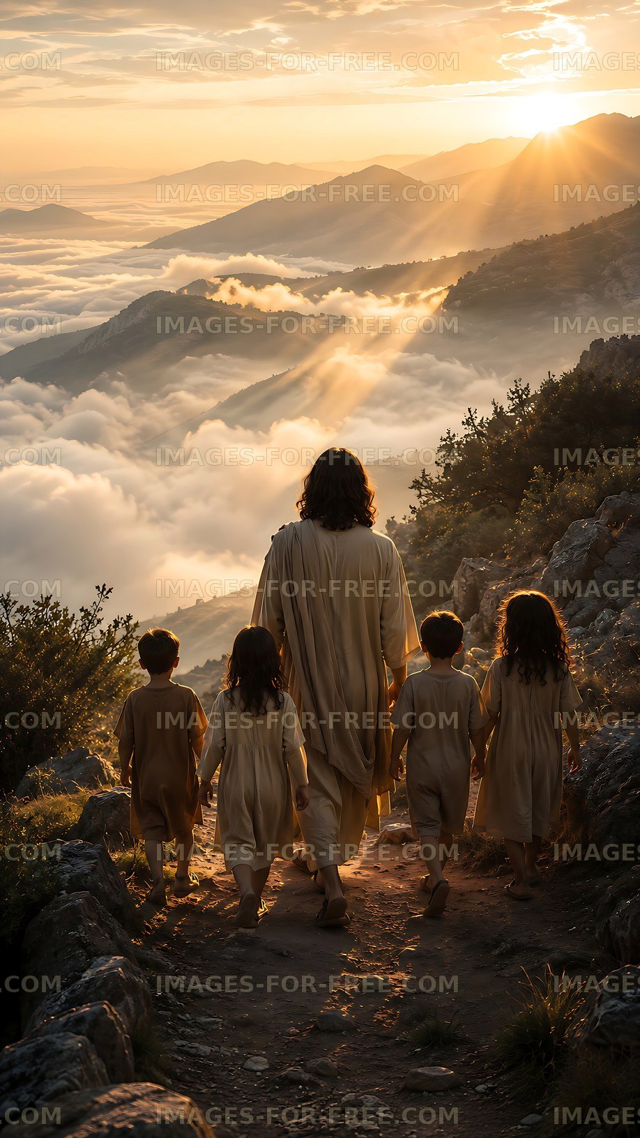Walking along the mountain path with children at sunset