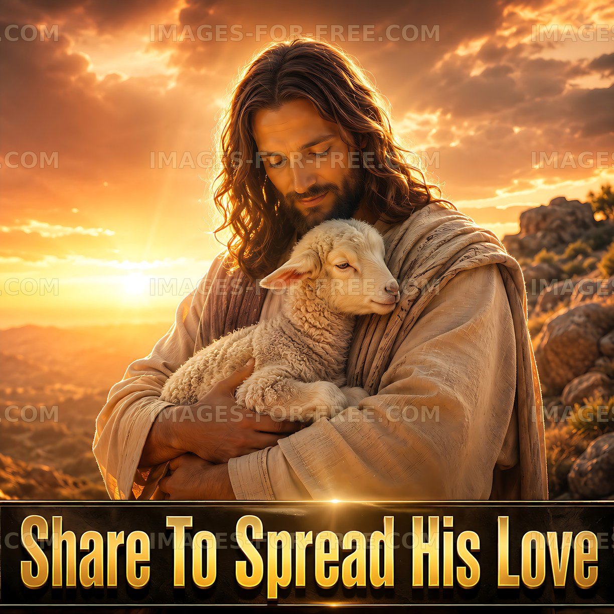 Jesus holds a lamb during sunset in a peaceful landscape