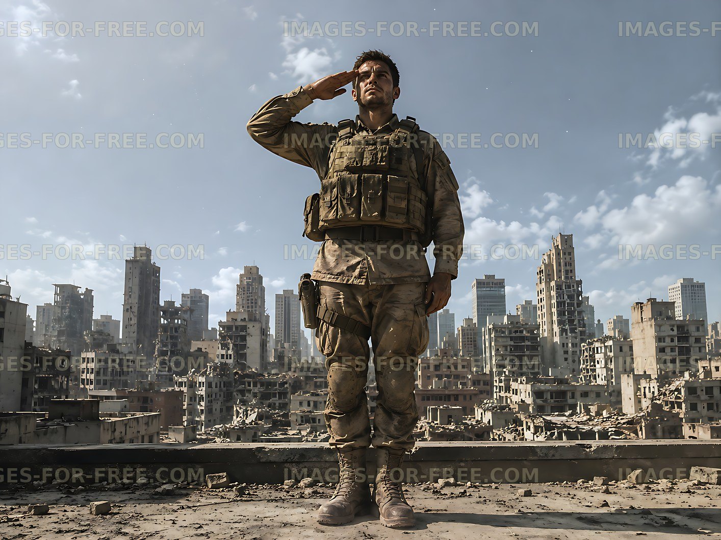 Soldier saluting in war-torn cityscape with ruins and buildings