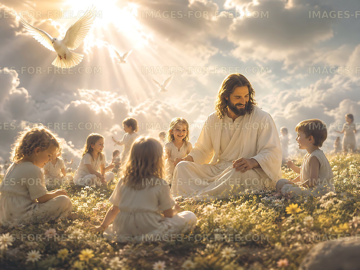 Jesus surrounded by children in a field