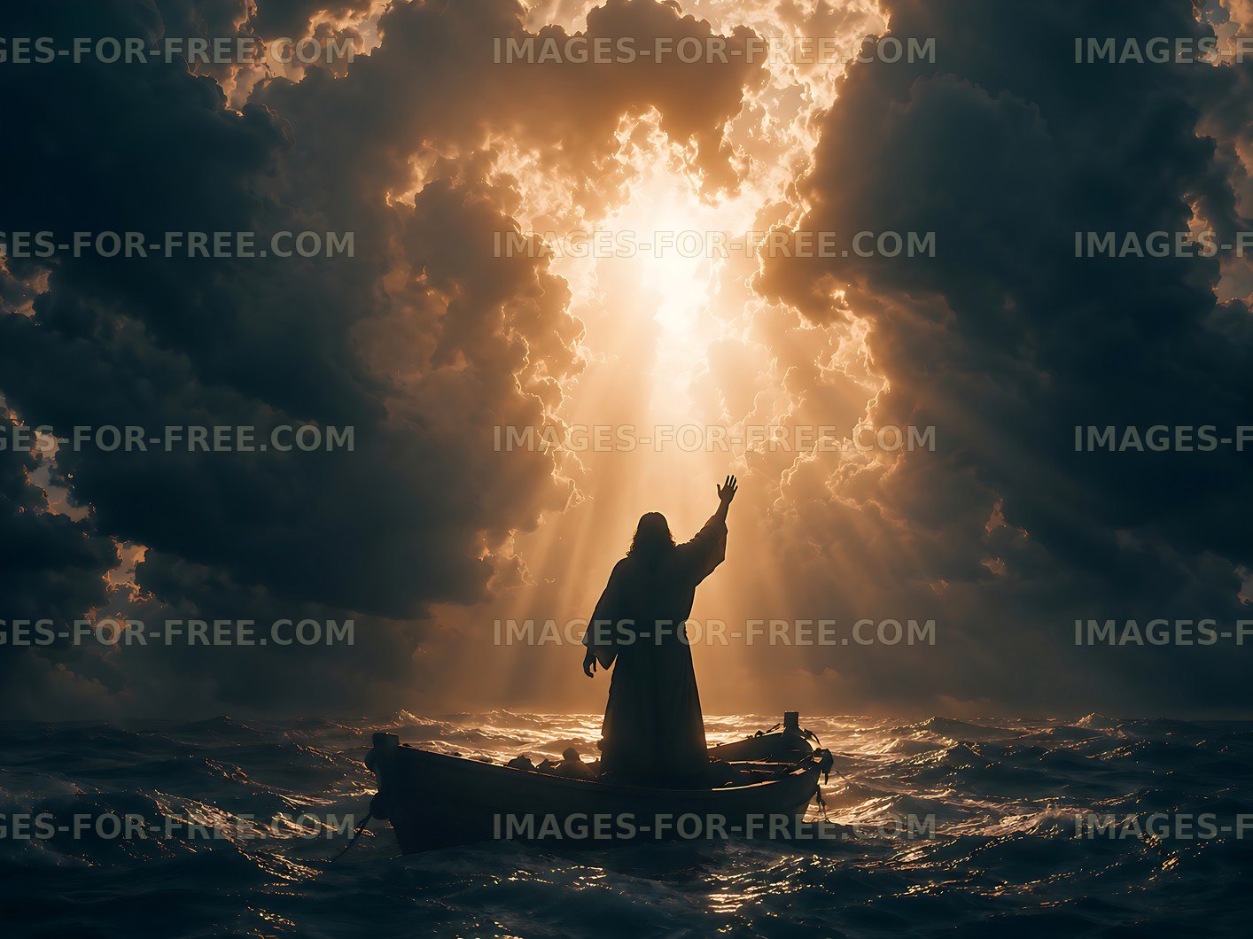 Person in a boat on water under dramatic, cloudy sky