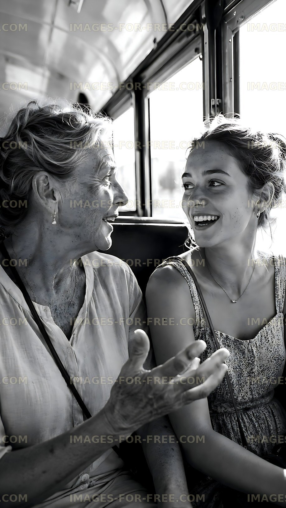 Two women talking on a bus with smiles and laughter