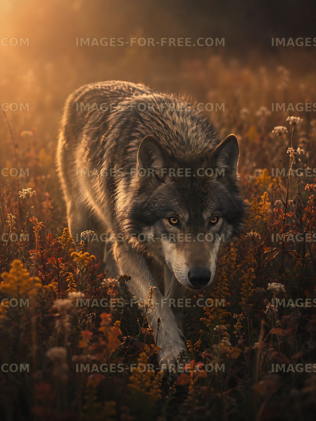 Wolf walking through a field during sunset