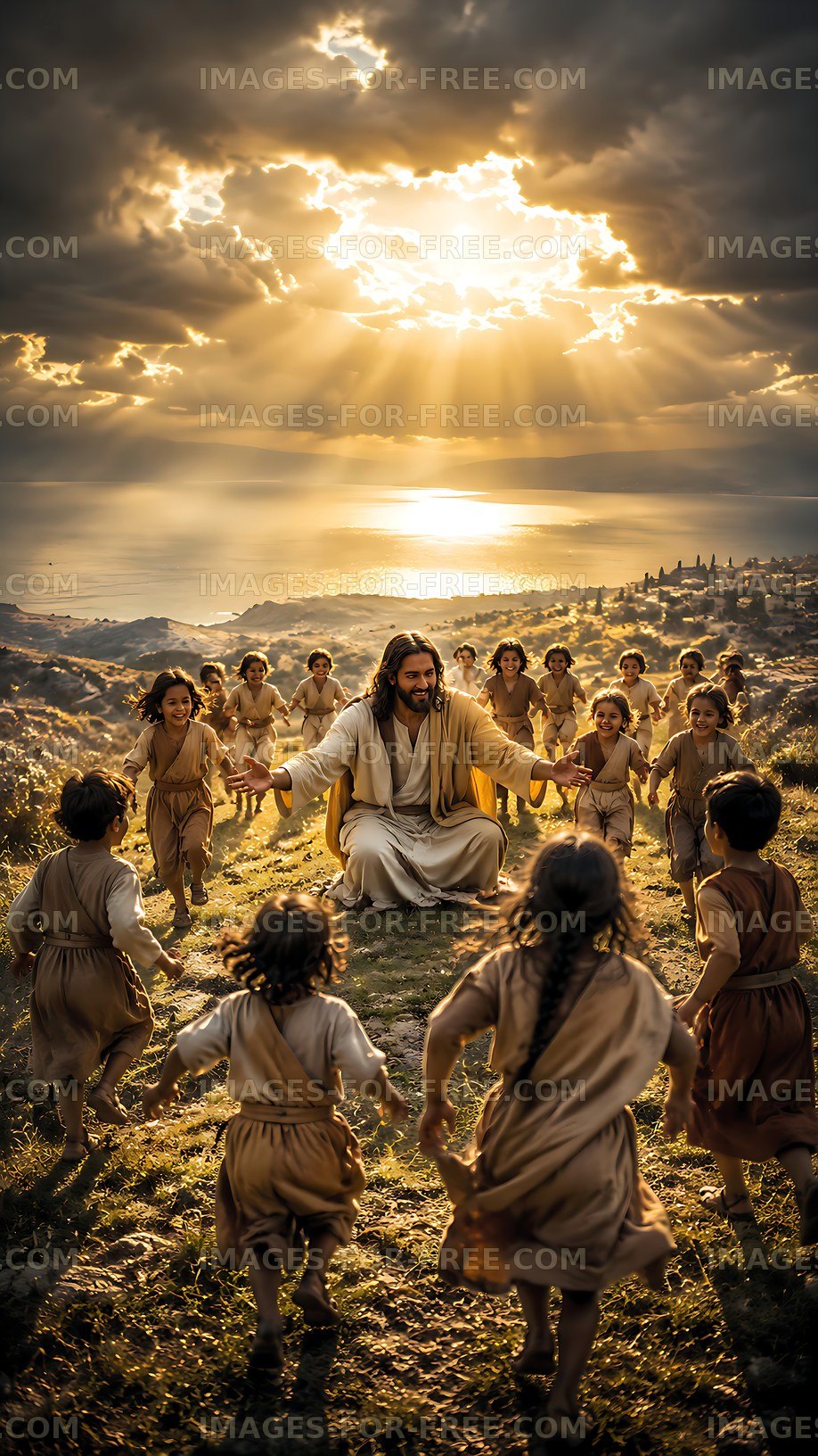 Children run towards a figure on a hillside at sunset