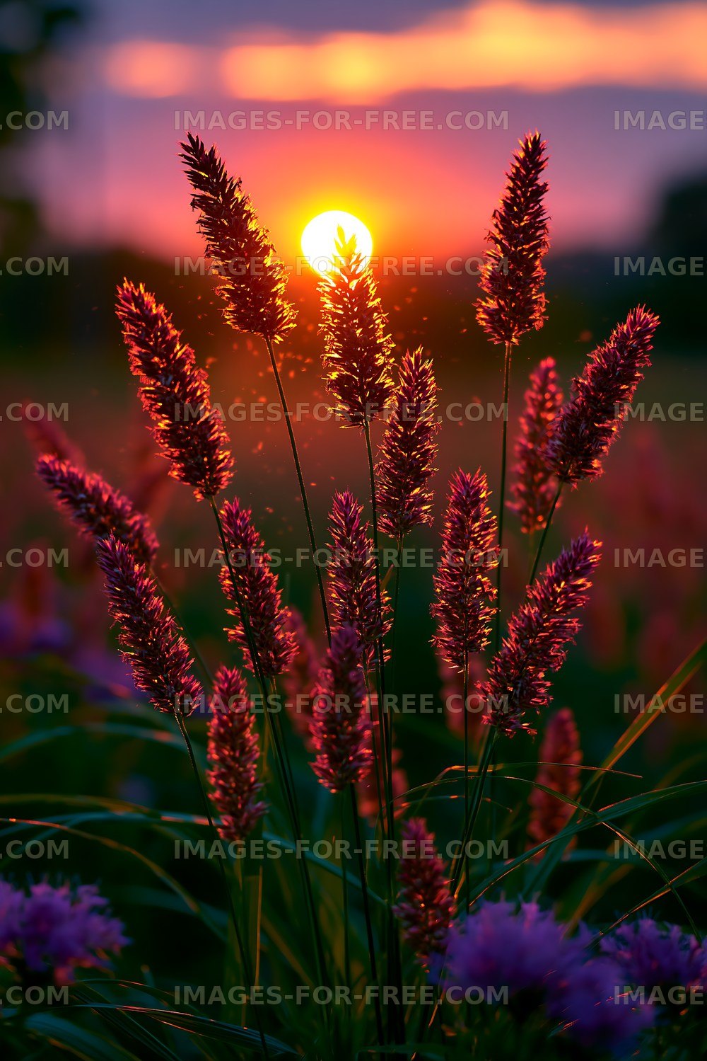 Sunset over grassy flowers in a field