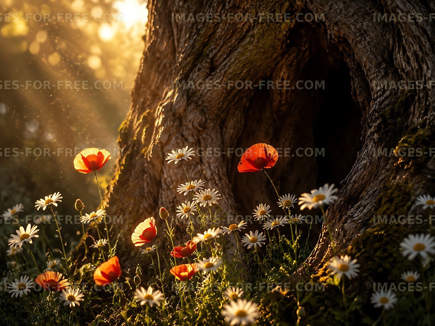 Flowers bloom near a tree trunk in a forest at sunset