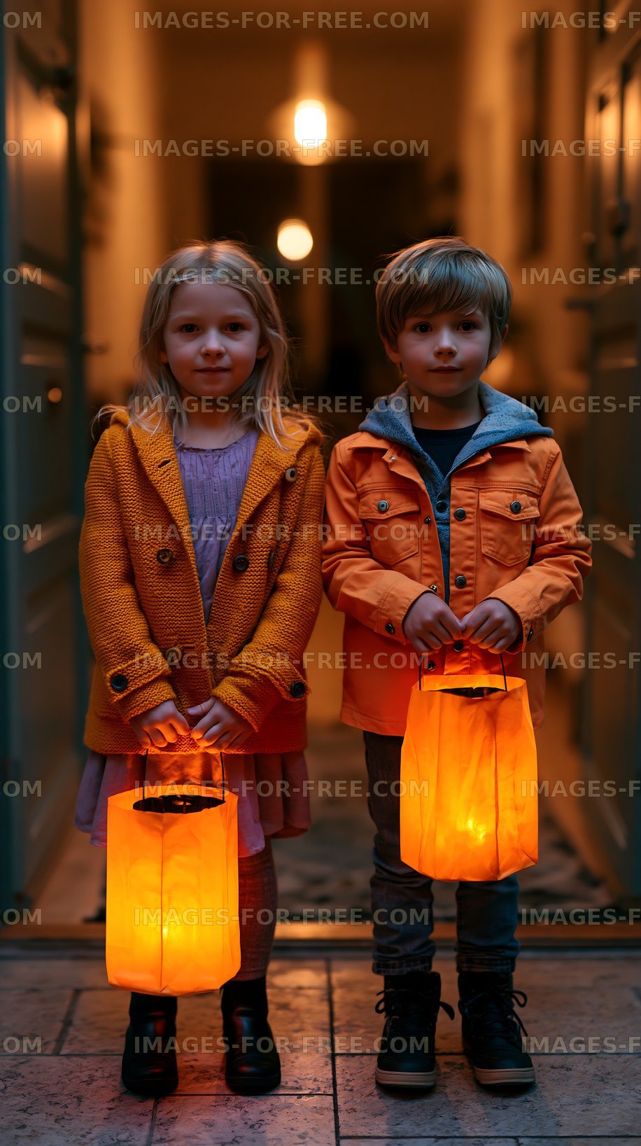 Children holding lanterns at the entrance of a building