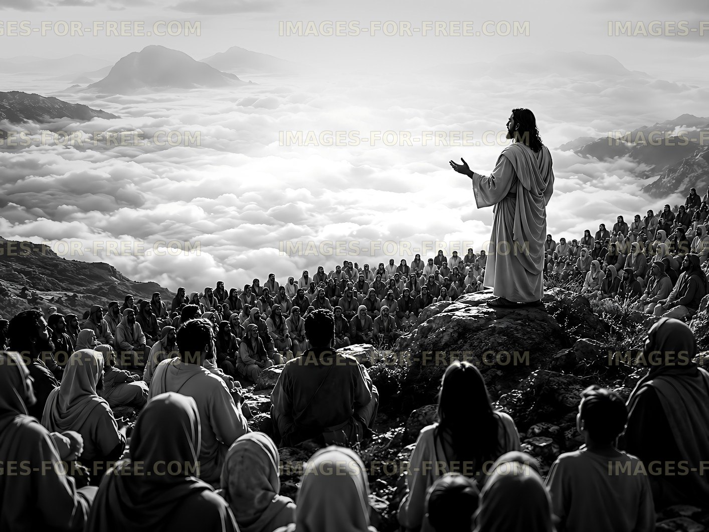 Jesus speaks to a large crowd on a mountain