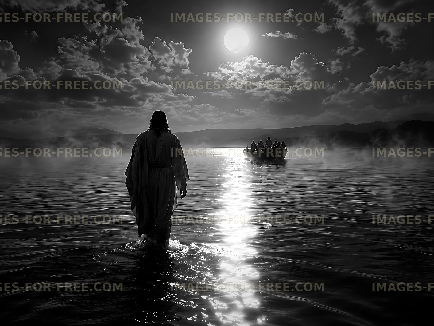 Walking on water at sunset with a boat in the background