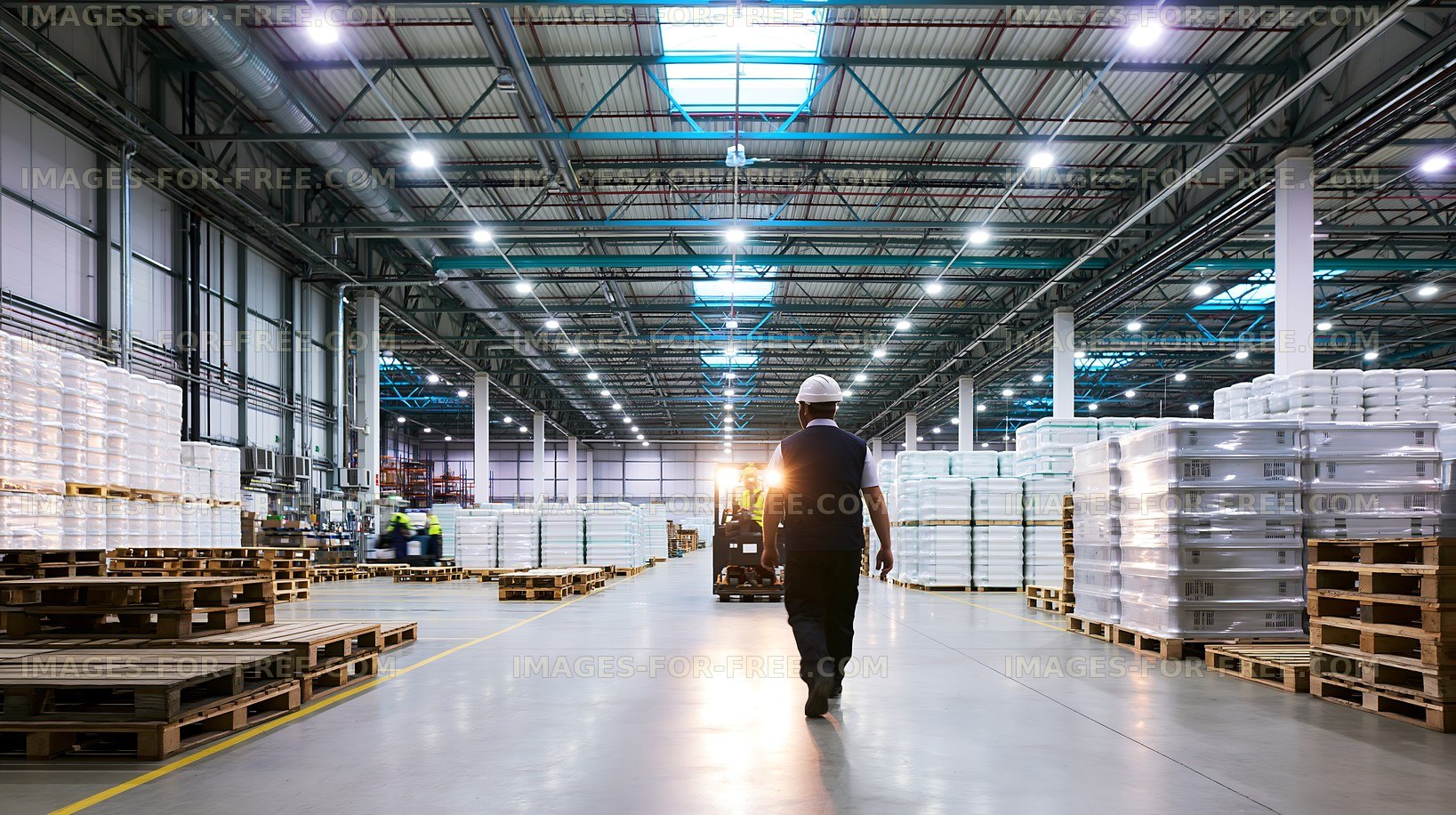 Warehouse worker walking in large storage facility