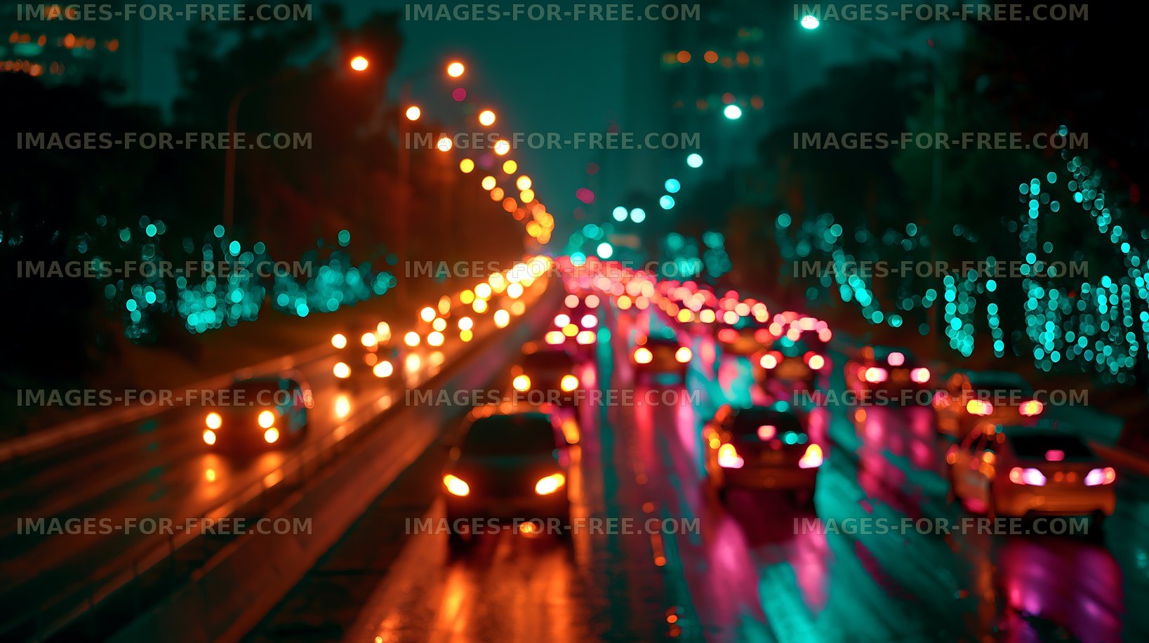 Busy urban street at night with colorful lights
